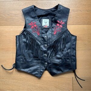 VINTAGE Women's Fringe Vest Leather Moto Black Red Flower 9/10